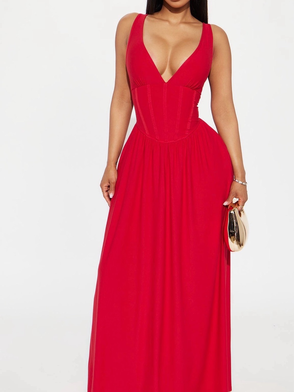 Red V-Neck Corset Maxi Dress - Women